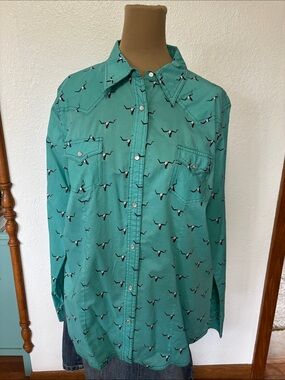 Wrangler Teal Longhorn Print Western Button-Down Shirt